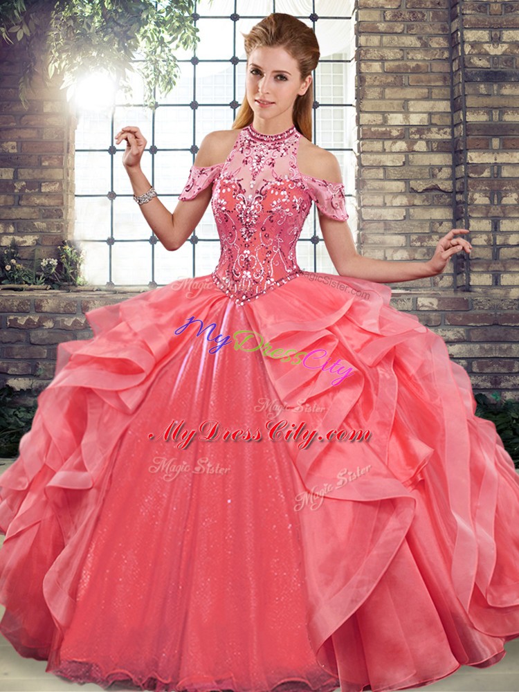 Organza Halter Top Sleeveless Lace Up Beading and Ruffles Sweet 16 Dress in Watermelon Red