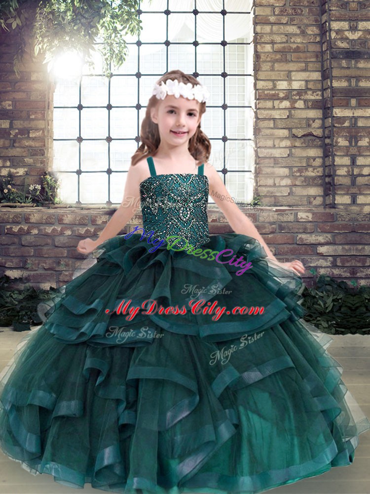 Elegant Peacock Green Ball Gowns Beading and Ruffles Girls Pageant Dresses Lace Up Tulle Sleeveless Floor Length