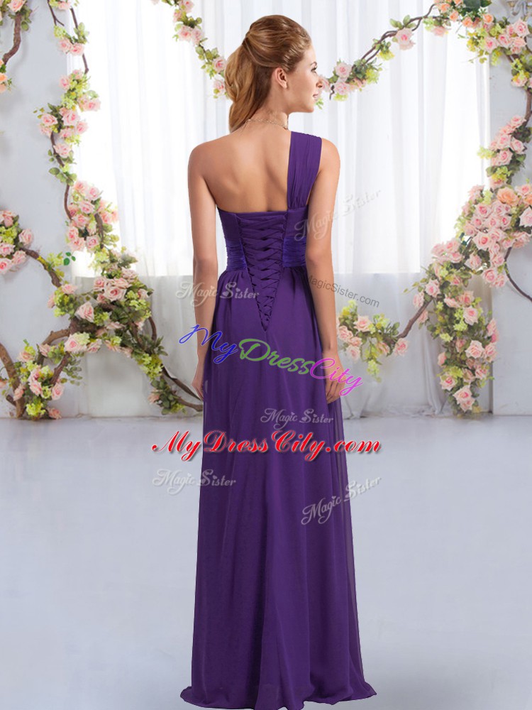Comfortable Sleeveless Lace Up Floor Length Ruching Wedding Guest Dresses