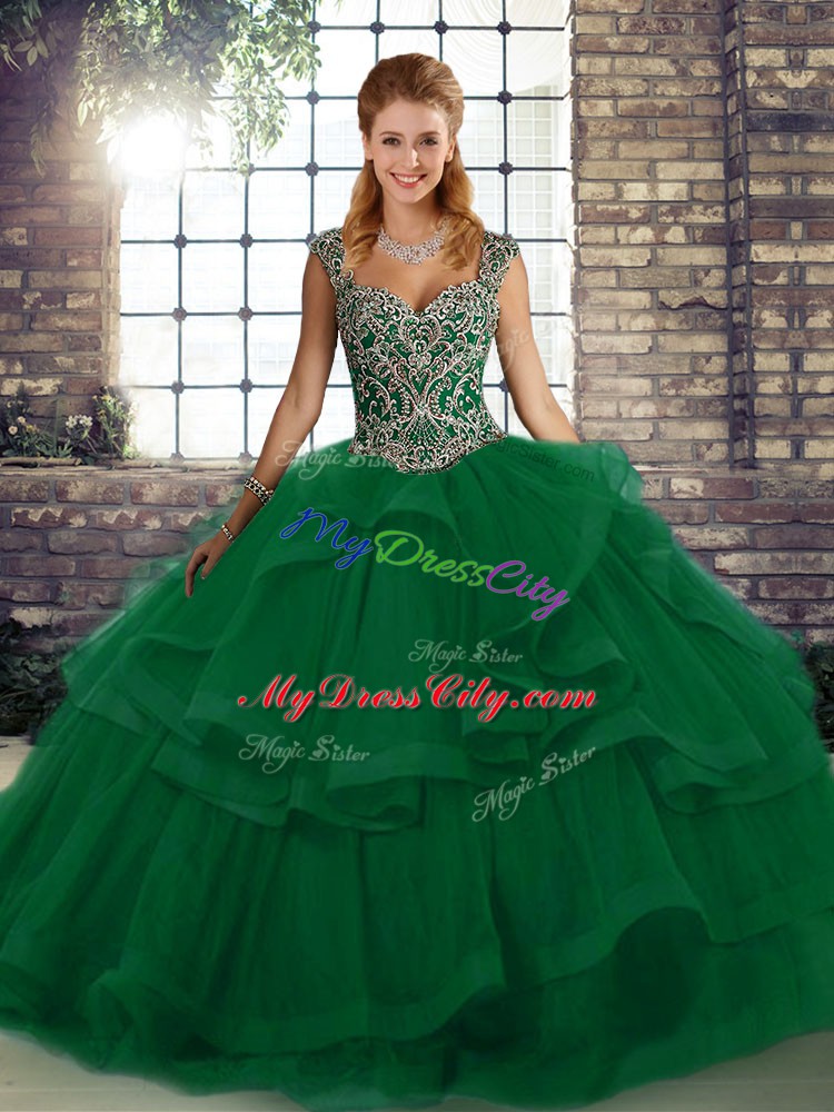 New Arrival Green Sleeveless Beading and Ruffles Floor Length Quinceanera Gown