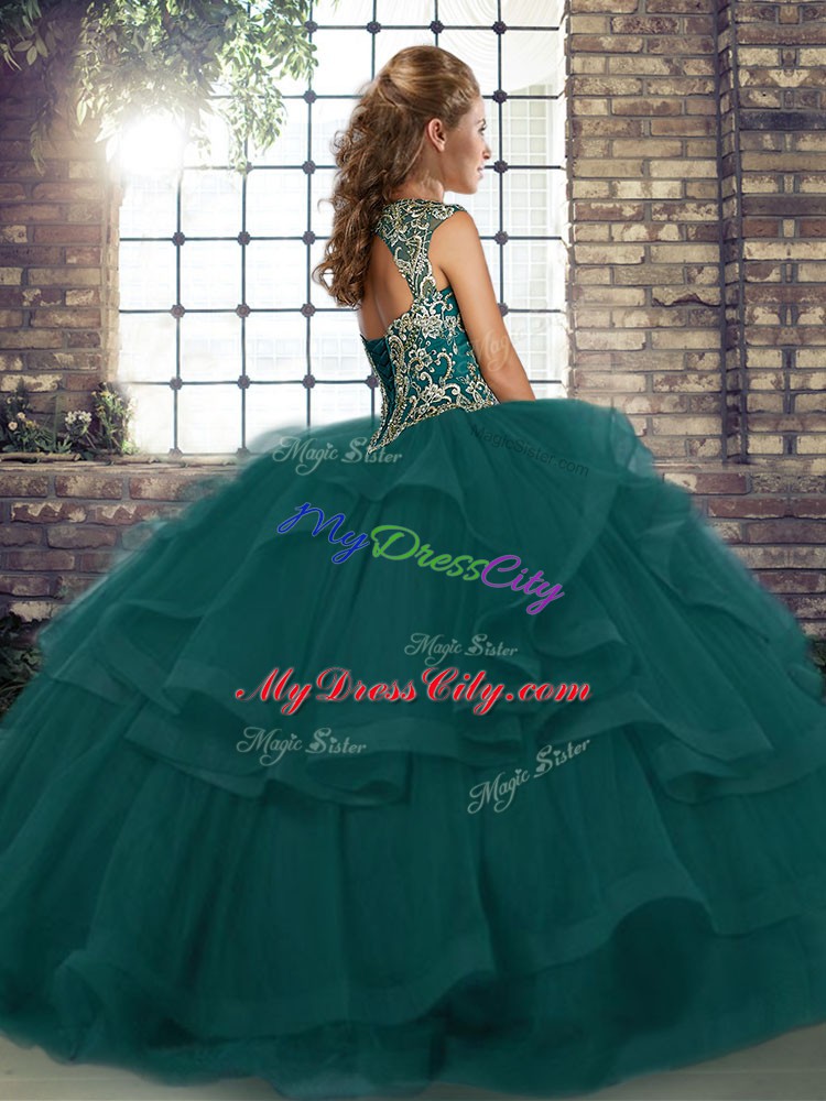 New Arrival Green Sleeveless Beading and Ruffles Floor Length Quinceanera Gown