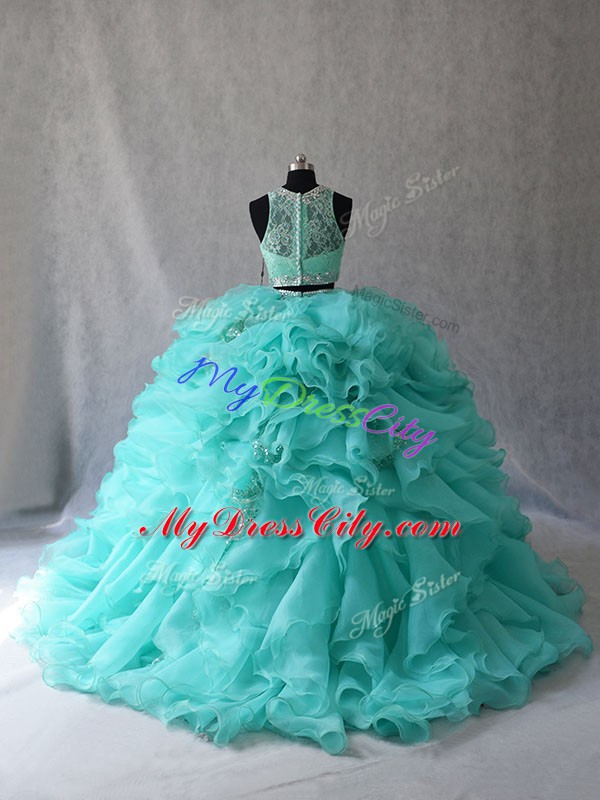 Adorable Aqua Blue Ball Gowns Organza Scoop Sleeveless Beading and Ruffles Zipper Quinceanera Dress Brush Train