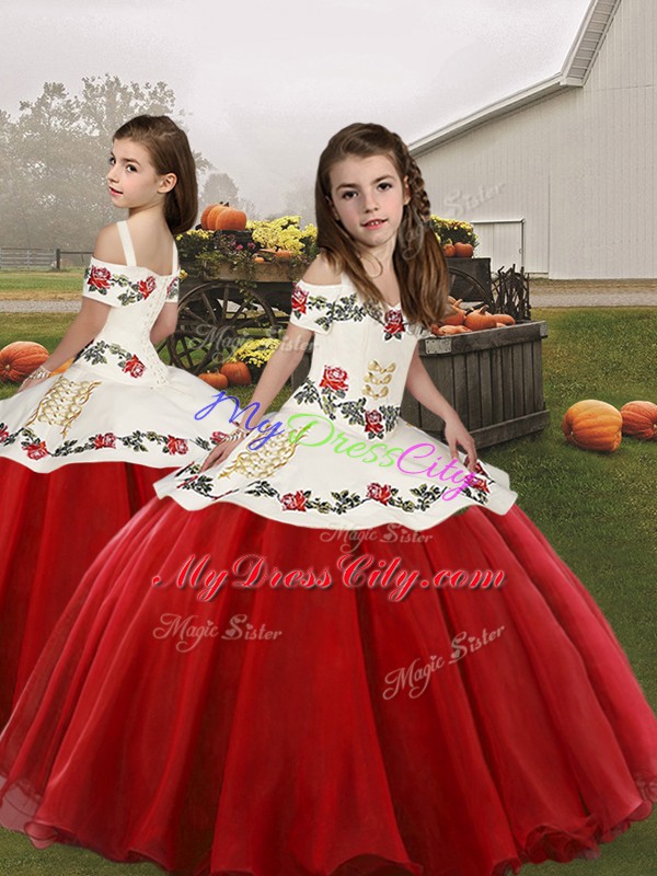 Red Lace Up Girls Pageant Dresses Embroidery Sleeveless Floor Length