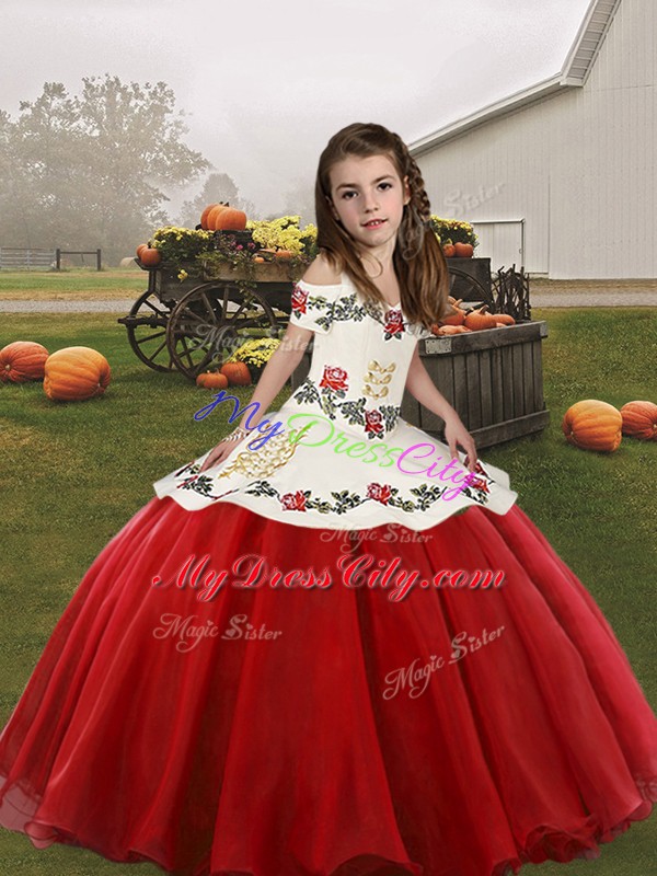 Red Lace Up Girls Pageant Dresses Embroidery Sleeveless Floor Length