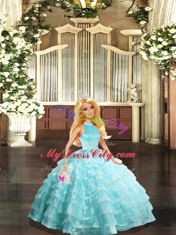 Traditional Aqua Blue Ball Gowns Halter Top Sleeveless Organza Floor Length Backless Beading and Ruffled Layers Sweet 16 Dresses