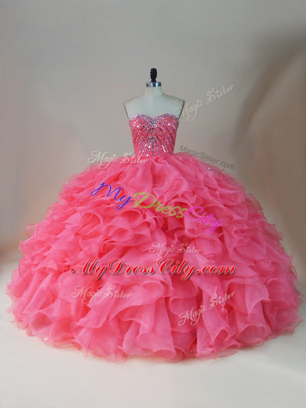 Pink Sweet 16 Dresses Sweet 16 and Quinceanera with Beading and Ruffles Sweetheart Sleeveless Zipper