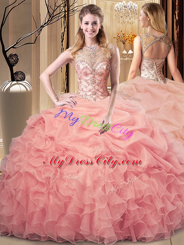 Fitting Peach Organza Lace Up Scoop Sleeveless Floor Length Sweet 16 Quinceanera Dress Beading and Ruffles and Pick Ups
