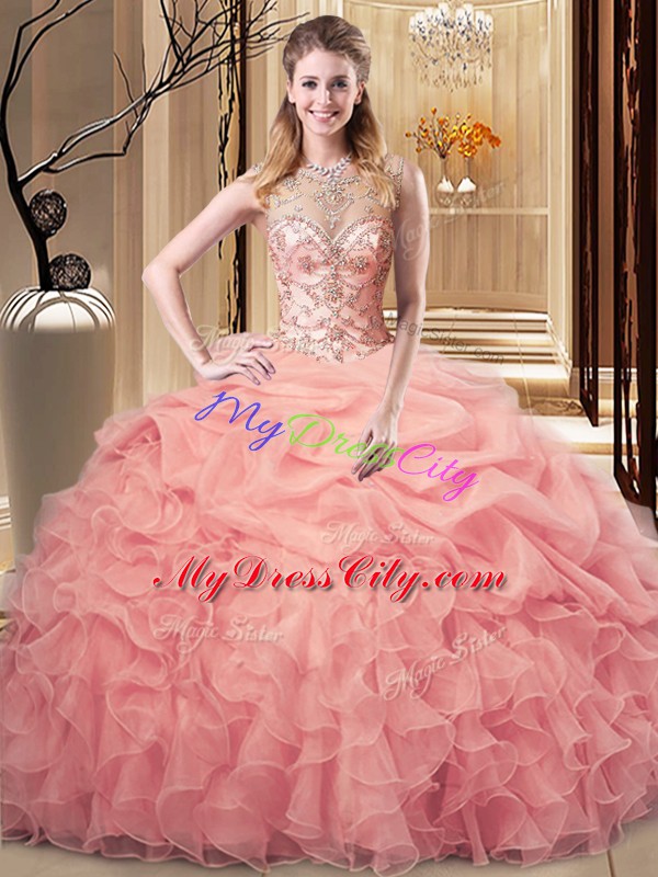Fitting Peach Organza Lace Up Scoop Sleeveless Floor Length Sweet 16 Quinceanera Dress Beading and Ruffles and Pick Ups