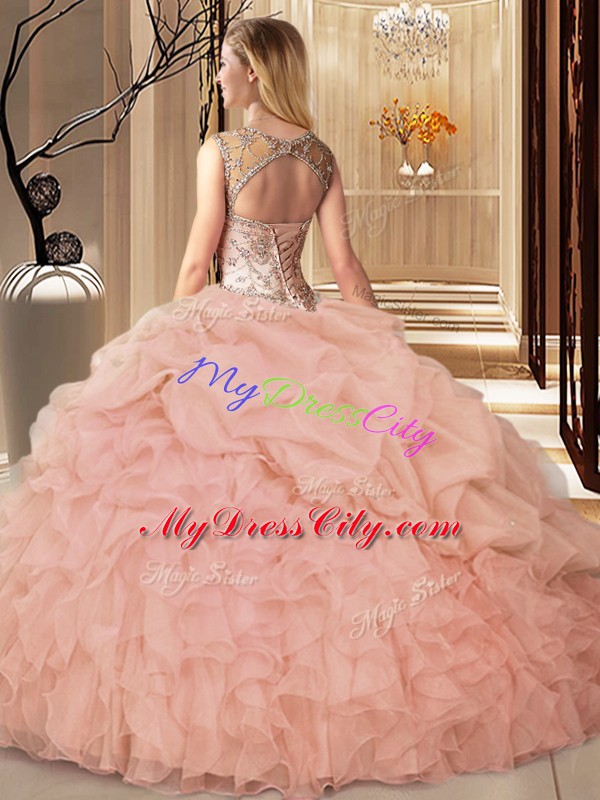 Fitting Peach Organza Lace Up Scoop Sleeveless Floor Length Sweet 16 Quinceanera Dress Beading and Ruffles and Pick Ups