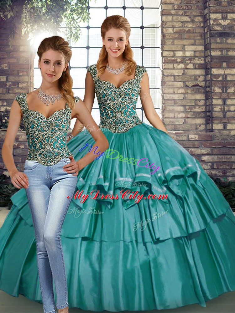 Romantic Teal Two Pieces Straps Sleeveless Taffeta Floor Length Lace Up Beading and Ruffled Layers Quince Ball Gowns