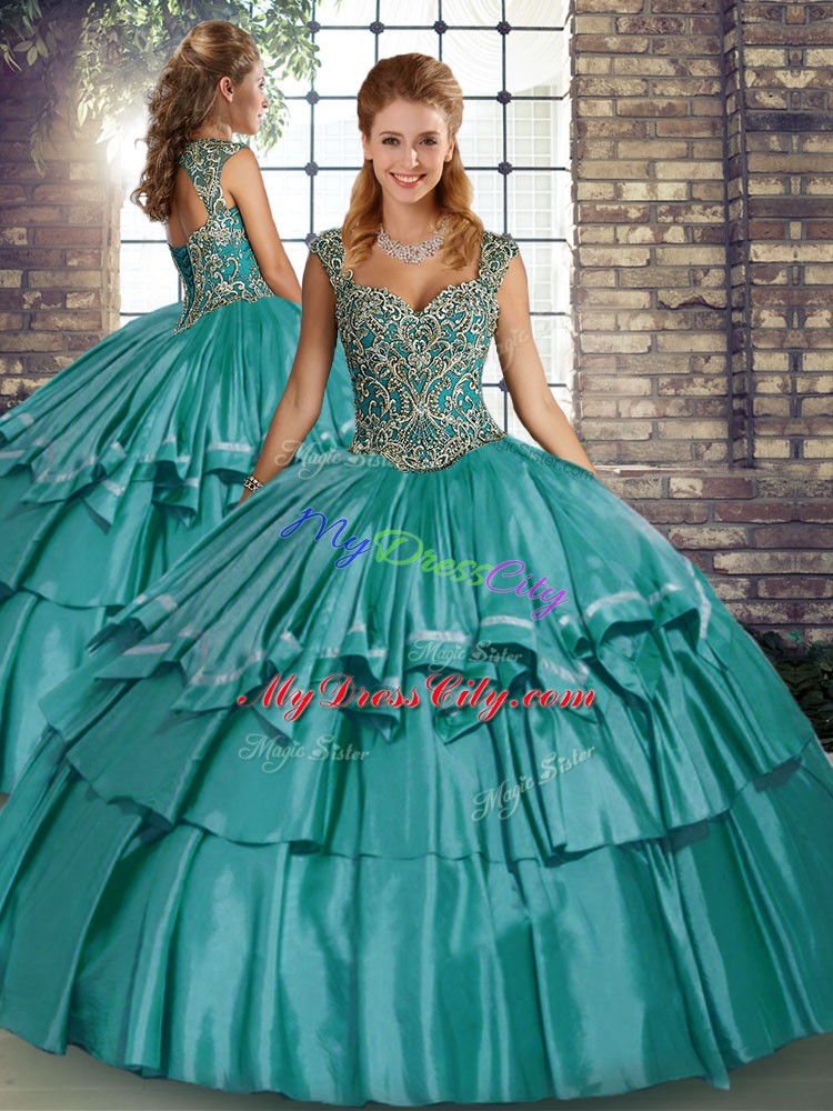 Romantic Teal Two Pieces Straps Sleeveless Taffeta Floor Length Lace Up Beading and Ruffled Layers Quince Ball Gowns