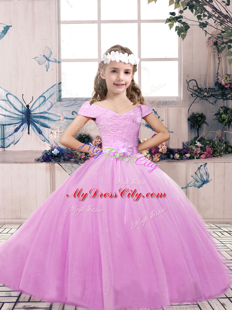 Lilac Off The Shoulder Lace Up Lace and Belt Pageant Dress for Girls Sleeveless