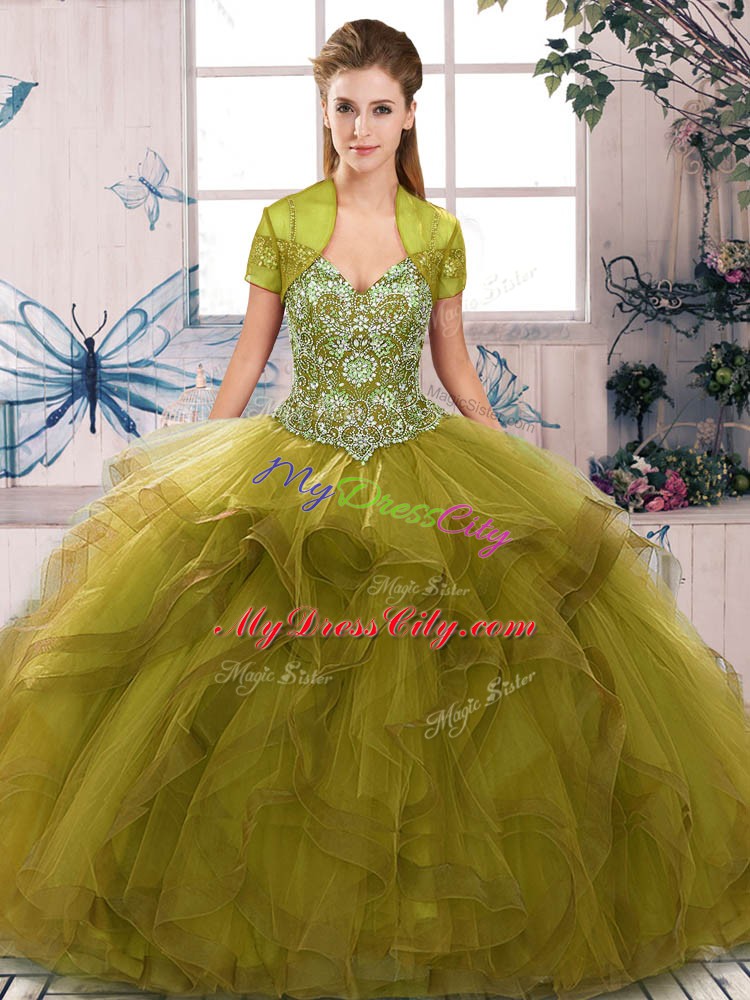 Noble Olive Green Tulle Lace Up Quinceanera Dresses Sleeveless Floor Length Beading and Ruffles