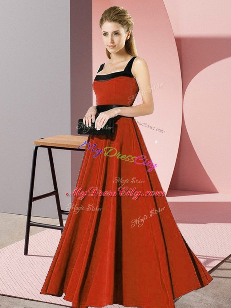 Rust Red Empire Chiffon Square Sleeveless Belt Floor Length Zipper Bridesmaid Dresses