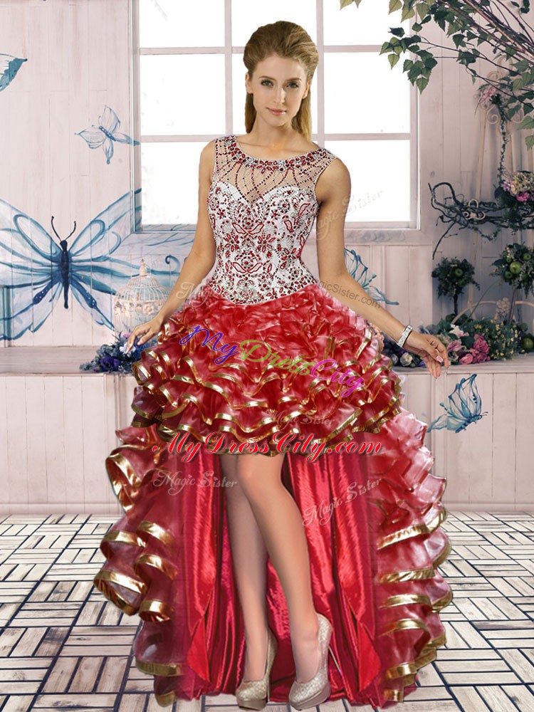 Red Sleeveless High Low Beading and Ruffled Layers Lace Up Prom Dress
