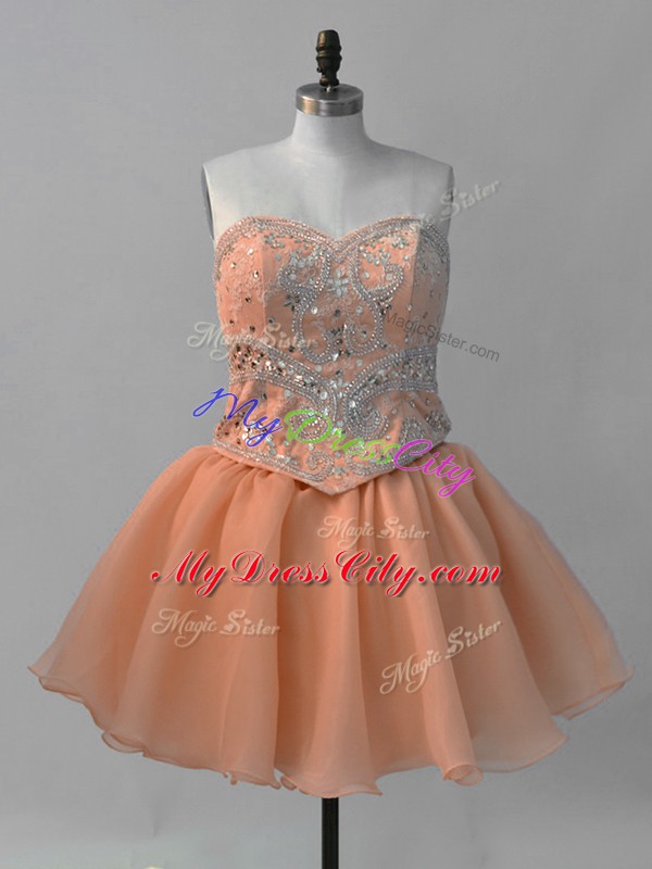 Orange Organza Lace Up Sweetheart Sleeveless Mini Length Homecoming Dress Beading