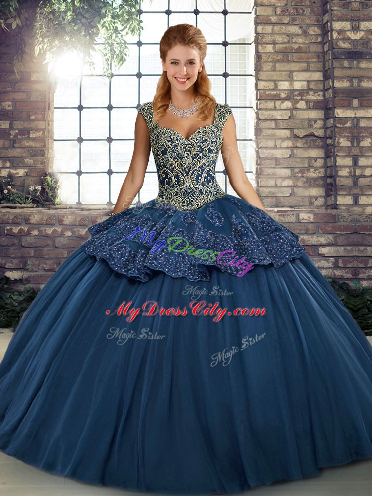 Vintage Navy Blue Lace Up Straps Beading and Appliques Sweet 16 Dress Tulle Sleeveless