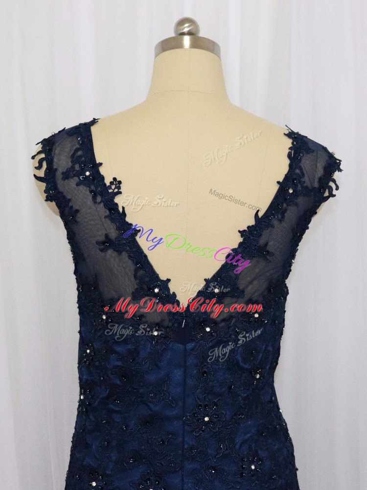 Navy Blue Column/Sheath Scoop Sleeveless Tulle Floor Length Zipper Lace and Appliques Prom Party Dress
