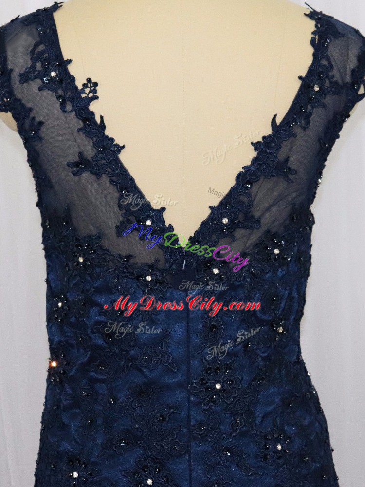 Navy Blue Column/Sheath Scoop Sleeveless Tulle Floor Length Zipper Lace and Appliques Prom Party Dress