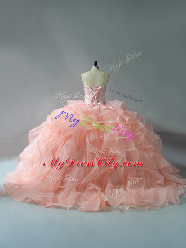 Cute Beading and Ruffles Quinceanera Gown Peach Lace Up Sleeveless Brush Train