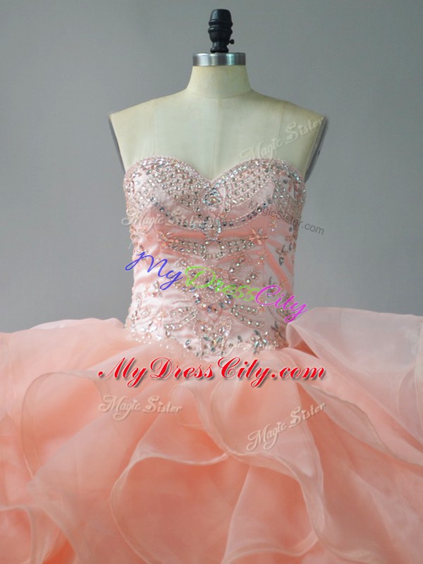 Cute Beading and Ruffles Quinceanera Gown Peach Lace Up Sleeveless Brush Train
