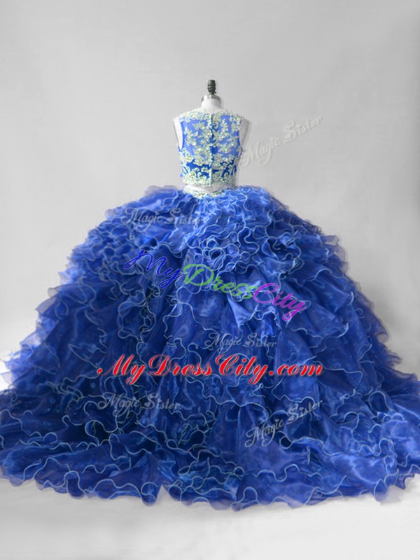 Sweet Blue Two Pieces Scoop Sleeveless Organza Brush Train Zipper Beading and Ruffles Quince Ball Gowns