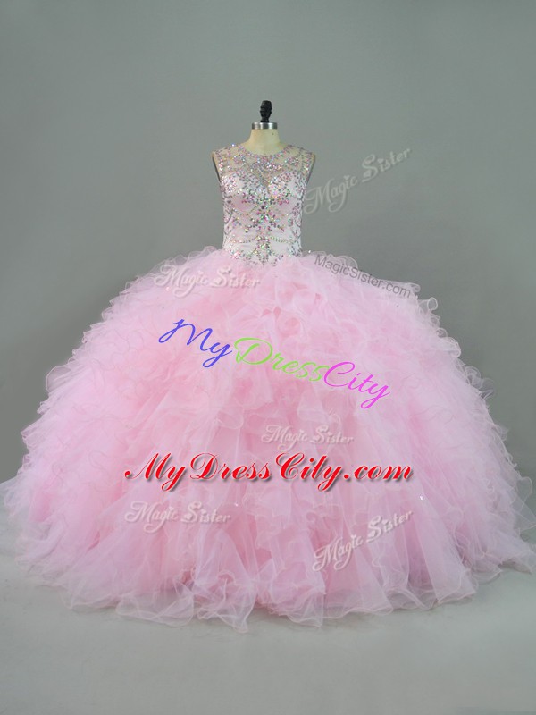 Enchanting Baby Pink Ball Gowns Tulle Scoop Sleeveless Beading and Ruffles Floor Length Lace Up Quinceanera Dress
