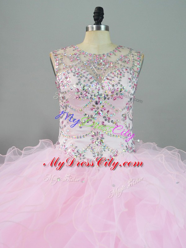 Enchanting Baby Pink Ball Gowns Tulle Scoop Sleeveless Beading and Ruffles Floor Length Lace Up Quinceanera Dress
