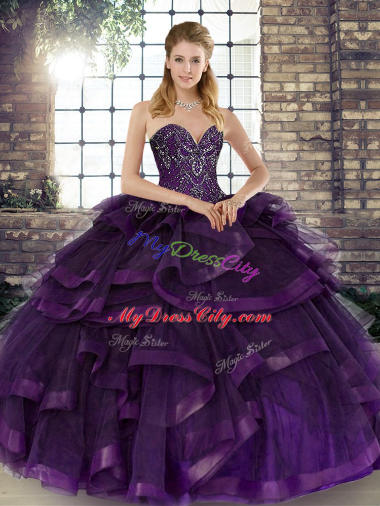 Purple 15 Quinceanera Dress Military Ball and Sweet 16 and Quinceanera with Beading and Ruffles Sweetheart Sleeveless Lace Up