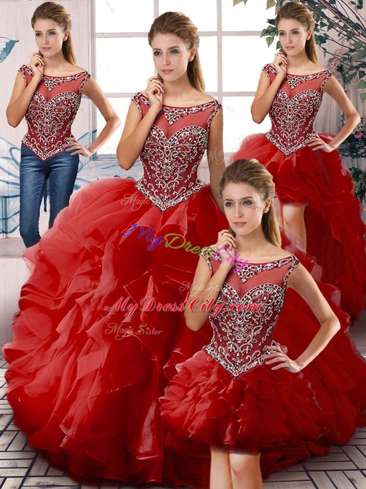 Red Organza Zipper Sweet 16 Quinceanera Dress Sleeveless Floor Length Beading and Ruffles
