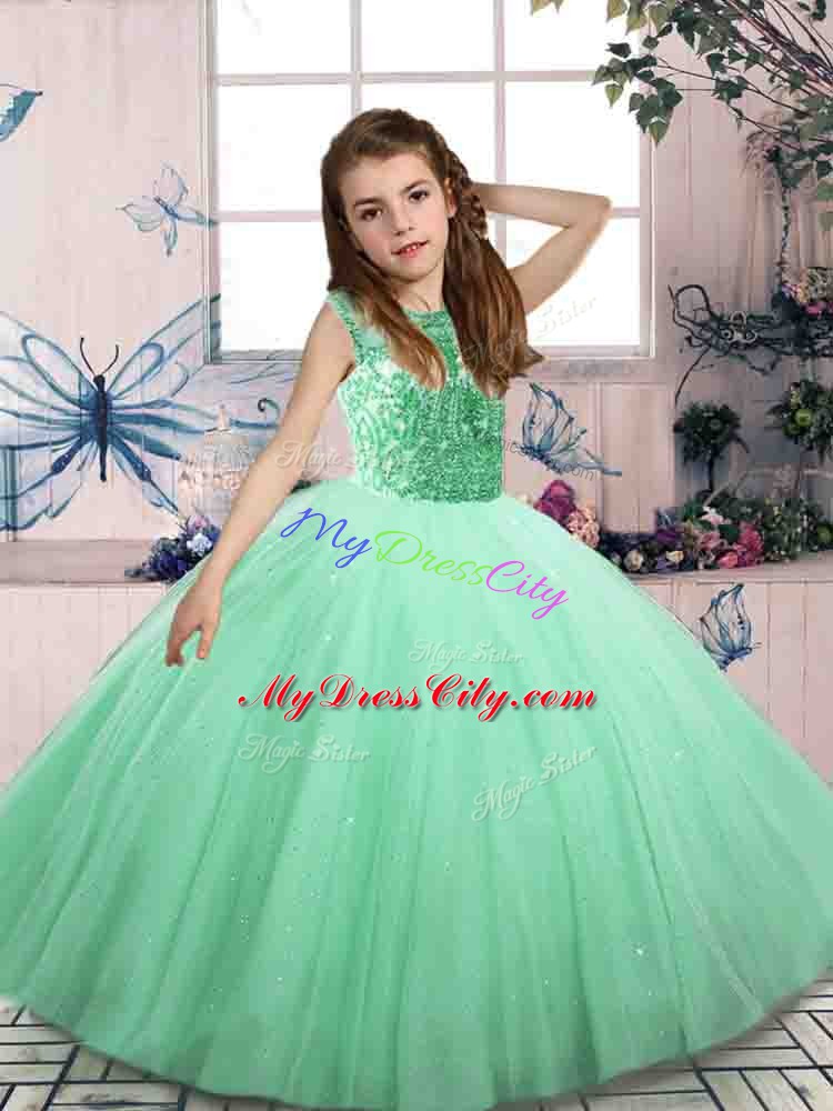 Apple Green Sleeveless Tulle Lace Up Little Girl Pageant Dress for Party and Wedding Party
