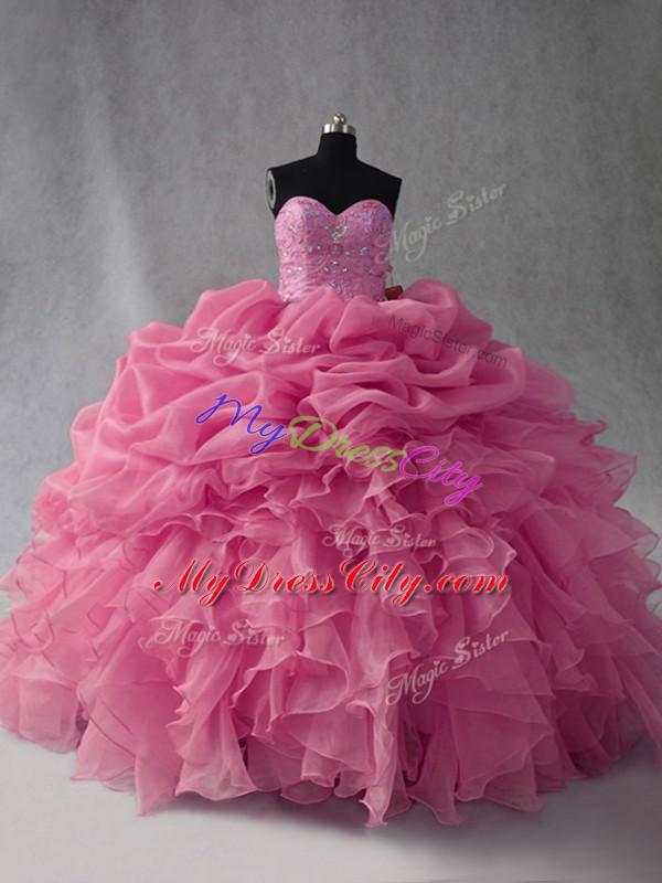 Rose Pink Sleeveless Organza Lace Up Vestidos de Quinceanera for Sweet 16 and Quinceanera