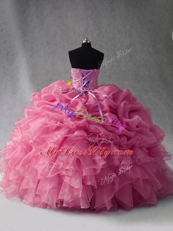 Rose Pink Sleeveless Organza Lace Up Vestidos de Quinceanera for Sweet 16 and Quinceanera