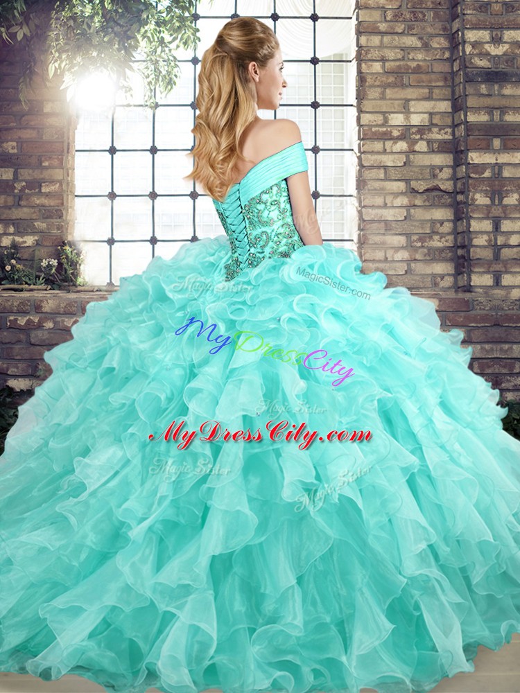 Apple Green Ball Gowns Off The Shoulder Sleeveless Organza Brush Train Lace Up Beading and Ruffles Vestidos de Quinceanera