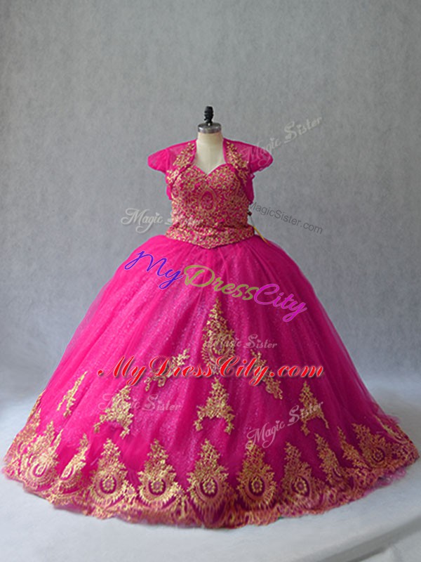 Pretty Sleeveless Court Train Lace Up Appliques Quinceanera Dress