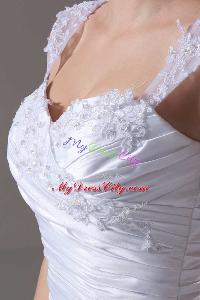 Lace Up Wedding Dress White for Wedding Party with Beading and Appliques Brush Train