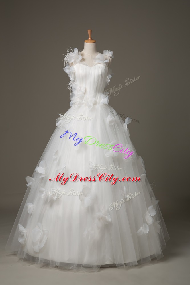 White V-neck Lace Up Hand Made Flower Wedding Dress Sleeveless
