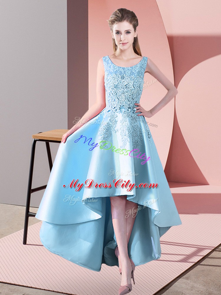 Aqua Blue Zipper Bridesmaids Dress Lace Sleeveless High Low
