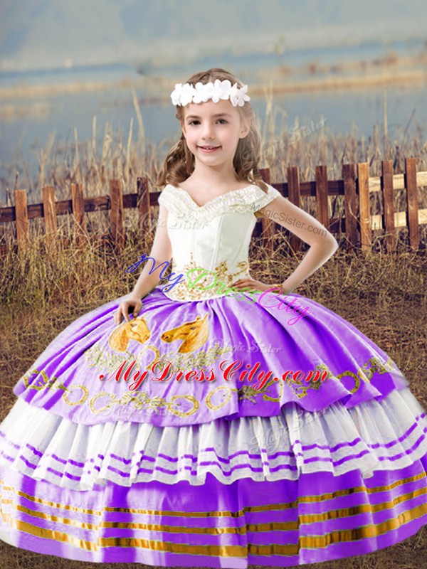 Lavender Ball Gowns Off The Shoulder Sleeveless Satin Floor Length Lace Up Embroidery Pageant Dress for Teens