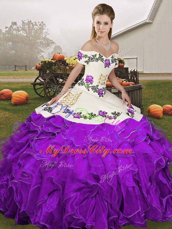 Fabulous White And Purple Sleeveless Organza Lace Up Vestidos de Quinceanera for Military Ball and Sweet 16 and Quinceanera