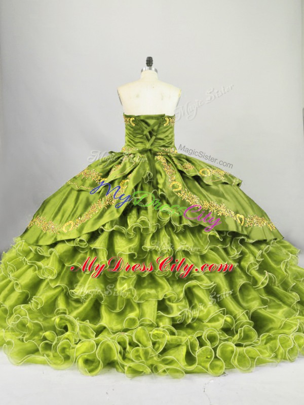 Attractive Olive Green Sweetheart Lace Up Embroidery and Ruffled Layers Sweet 16 Quinceanera Dress Brush Train Sleeveless
