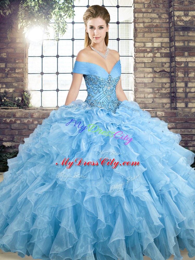 Wonderful Blue Sleeveless Organza Brush Train Lace Up Quinceanera Gowns for Military Ball and Sweet 16 and Quinceanera