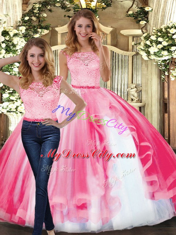 Scoop Sleeveless Clasp Handle Quince Ball Gowns Hot Pink Tulle