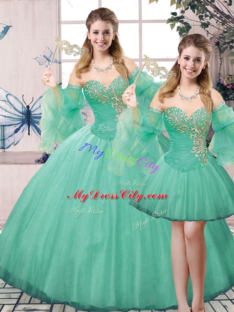 Turquoise Tulle Lace Up Quince Ball Gowns Sleeveless Floor Length Beading