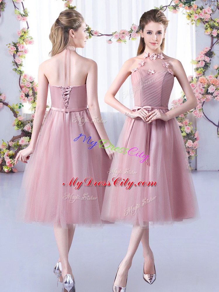 Exceptional Pink Sleeveless Tea Length Appliques and Belt Lace Up Court Dresses for Sweet 16