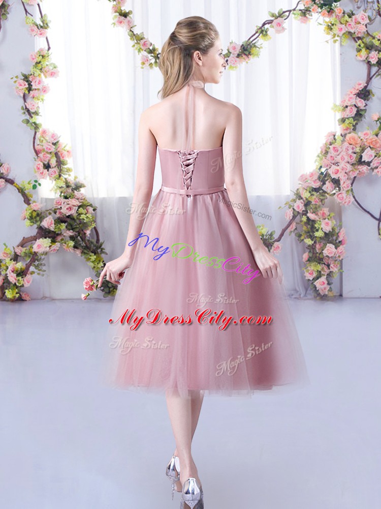 Exceptional Pink Sleeveless Tea Length Appliques and Belt Lace Up Court Dresses for Sweet 16