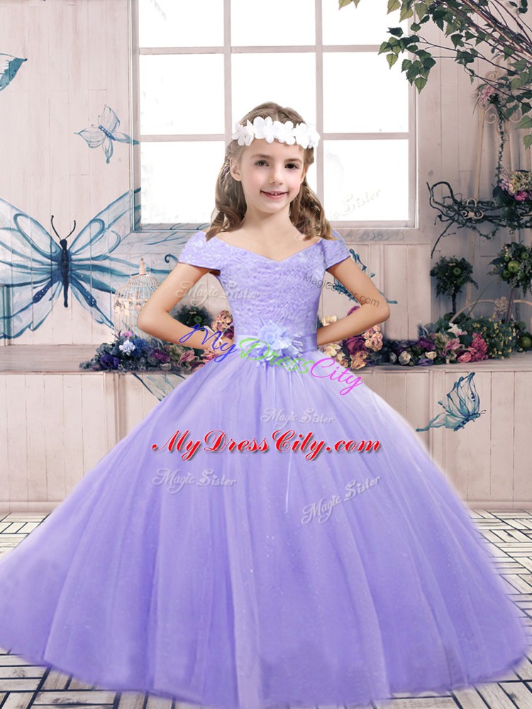 Lavender Little Girls Pageant Gowns Party and Wedding Party with Lace and Belt Off The Shoulder Sleeveless Lace Up