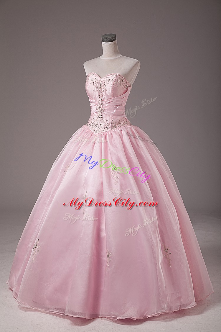 Baby Pink Lace Up Sweet 16 Dresses Beading and Embroidery Sleeveless Floor Length