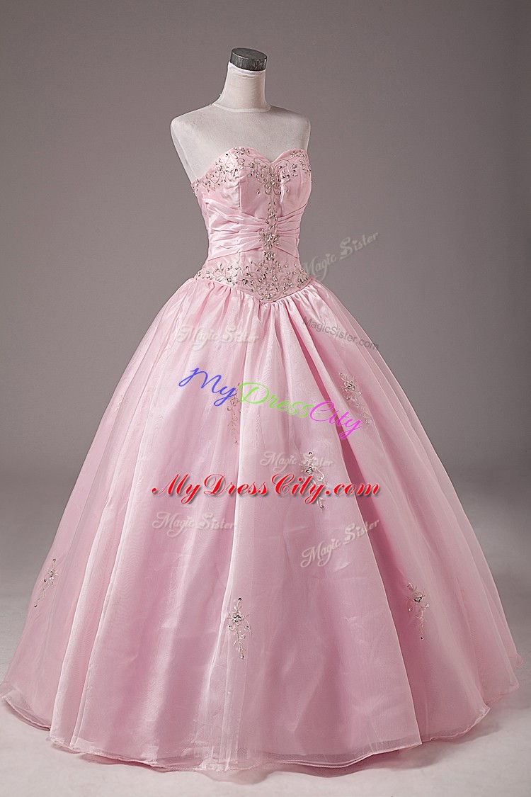 Baby Pink Lace Up Sweet 16 Dresses Beading and Embroidery Sleeveless Floor Length