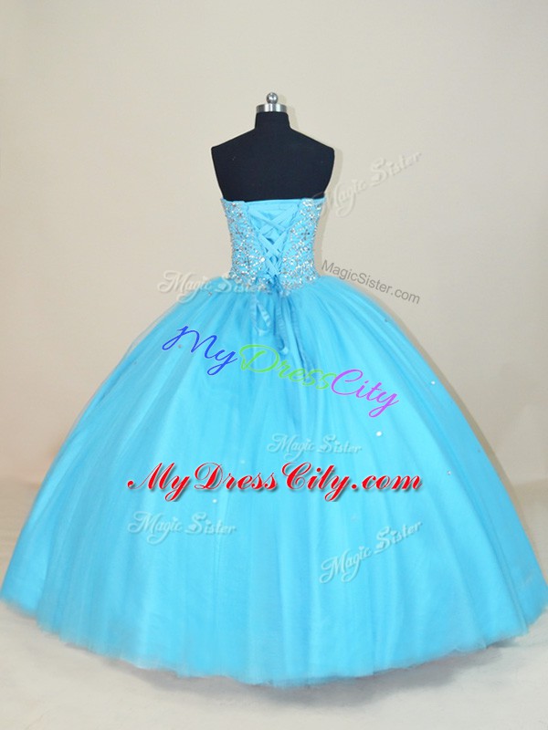 Aqua Blue Ball Gowns Sweetheart Sleeveless Tulle Floor Length Lace Up Beading Ball Gown Prom Dress